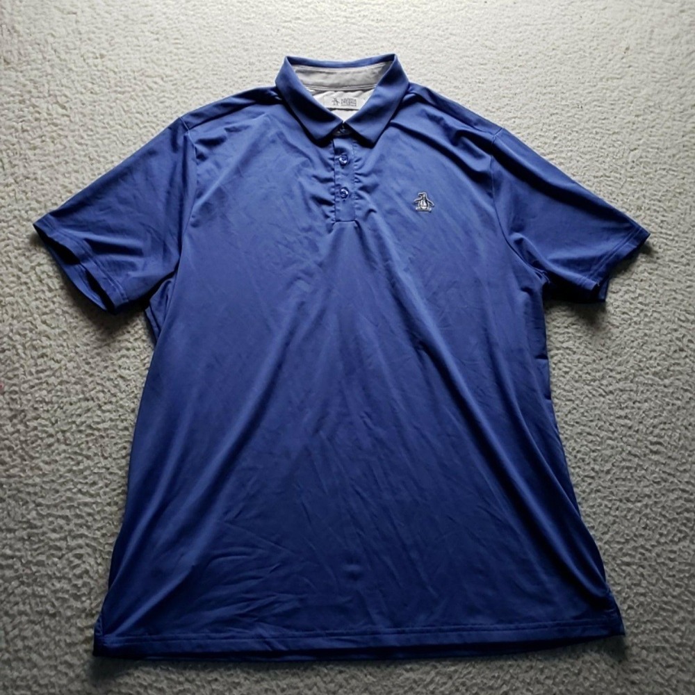 Original Penguin Polo Shirt Mens L Blue Solid Stretch Jersey Performance Top